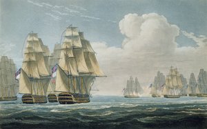 Trafalgarin taistelun jälkeen, 21. lokakuuta 1805, kaiverrettu F.C. Lewis J. Ralfen teoksesta "The Naval Chronology of Great Britain", julkaistu 1820